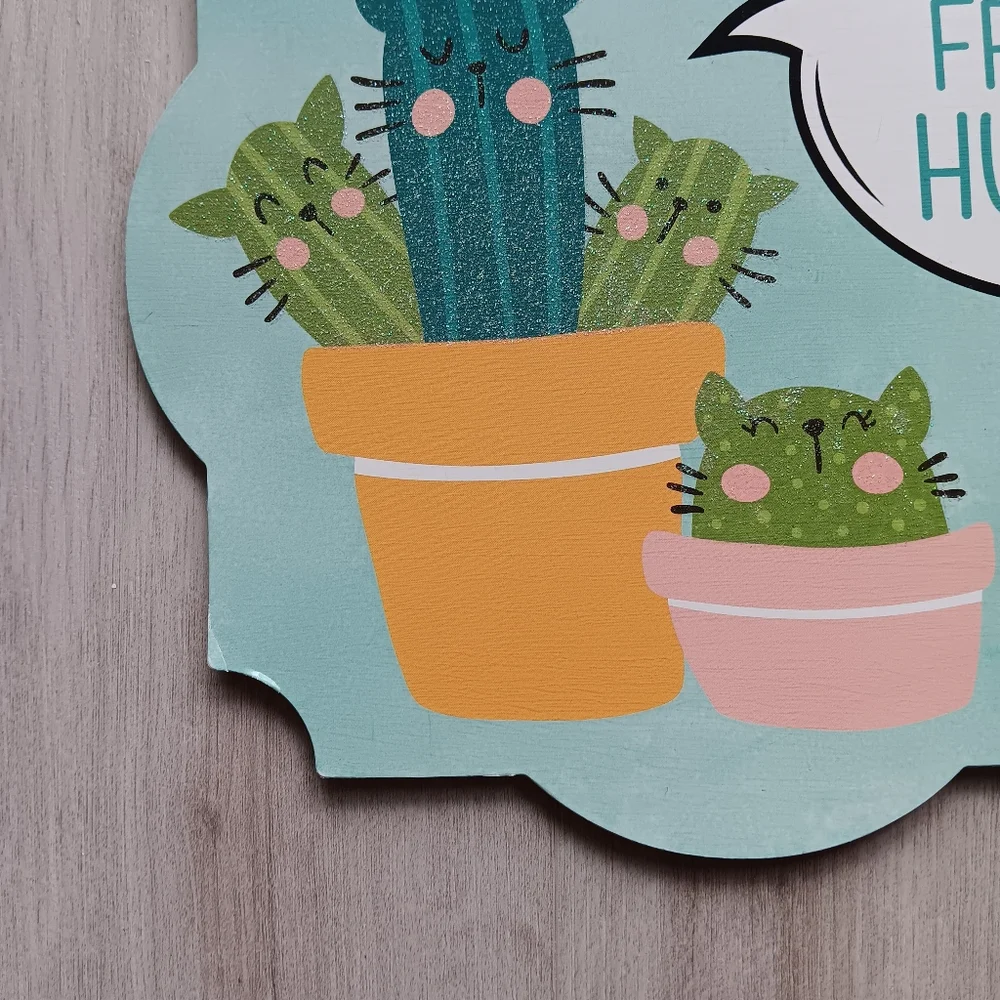 New Greenbriar Free Hugs Cat Cactus Wall Decor Glitter Blue Green Pink Square